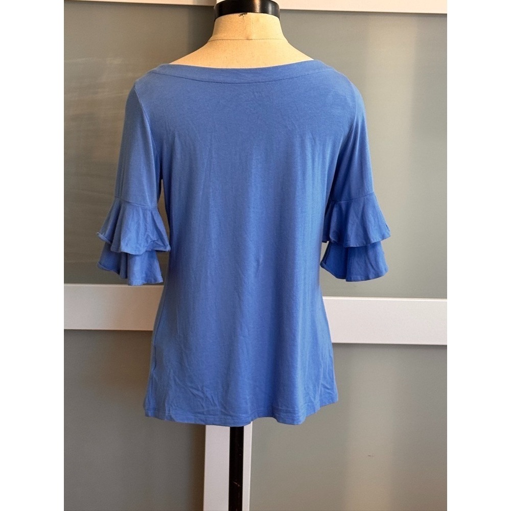 Lilly Pulitzer Lula Top Tropical Bllue Ruffle Short Sleeve XS EUC Pima Modal - Picture 3 of 8